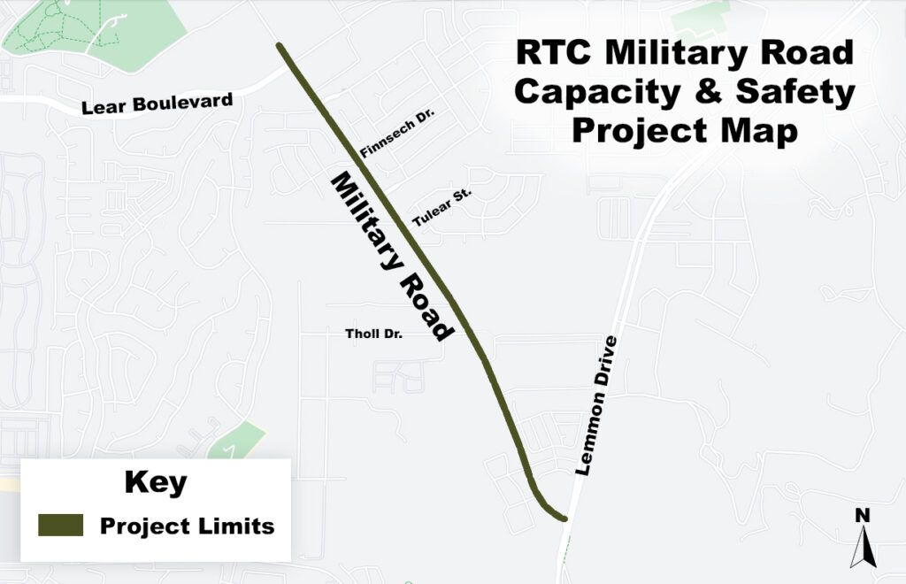 RTC Military Road Capacity & Safety Project Map - shows project limits on Military Road between Lemmon Drive and Lear Boulevard.